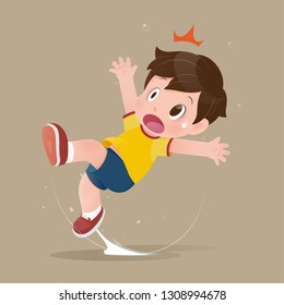 The yellow shirt cartoon boy feel shock because slipping in a puddle on the floor. illustration of child have accident slippery on the wet floor. Concept with vector design