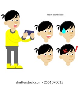 yellow shirt male character holding smartphone horizontally. man using smartphone. internet, social media app, video streaming, game, e sport. use of apps. online. various facial expressions. gaming