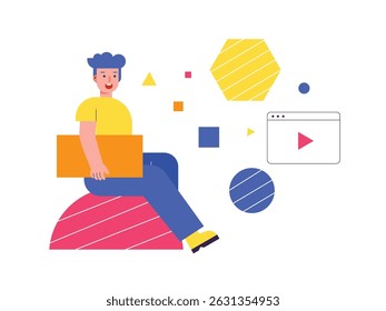 Yellow shirt man sitting thinking, looking for something to do. Character design. Vector flat illustration