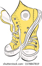 Yellow shoes , legs vector isolated illustration on white background . Concept for print, web design, cards, logo, icon 