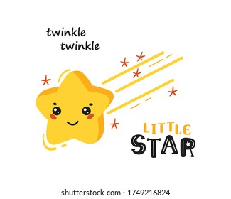 Yellow Shooting Cute Star. Doodle  Kawaii Falling Stars. "Twinkle Twinkle Little Star" Greeting Card for Kids. T-shirt Print, Poster for Nursery, Baby Shower, Holiday or Birthday Party Design