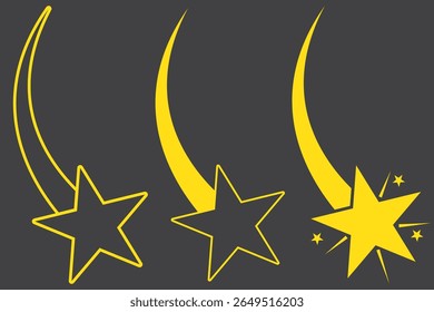 Yellow Shooting Star Icon Bundle. Shooting star emoji. Realistic golden star icon. Vector on Transparent Background. EPS 10.