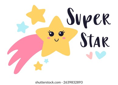 Yellow shooting star with kawaii face flying and leaving pink trail, surrounded by small stars and hearts, with the text super star next to it, on white background