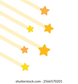 Yellow shooting stars corner border frame. Flat decorative vector design isolated illustration.