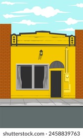 a yellow shop on the side of the road Surrounded by brick buildings