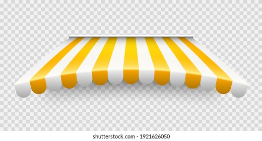 Yellow shop sunshade on transparent background. Realistic striped cafe awning. Outdoor market tent. Roof canopy. Summer street store. Vector illustration.