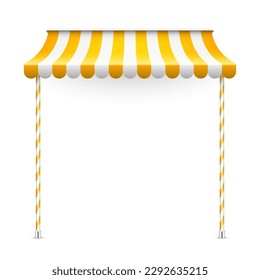 Yellow shop sunshade with stand holders. Realistic striped cafe awning. Outdoor market tent. Roof canopy. Summer street store. Vector illustration