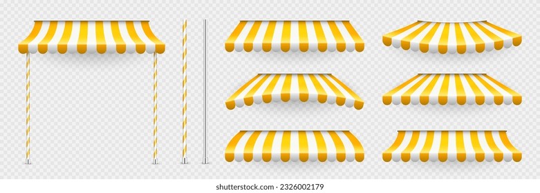 Yellow shop sunshade with stand holders. Realistic striped cafe awning. Outdoor market tent. Roof canopy. Summer street store. Vector illustration