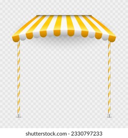 Yellow shop sunshade with stand holders. Realistic striped cafe awning. Outdoor market tent. Roof canopy. Summer street store. Vector illustration
