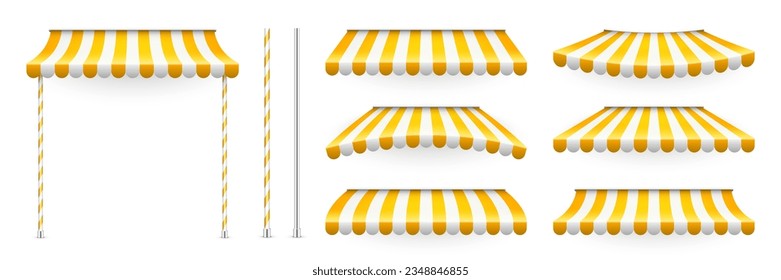 Yellow shop sunshade with stand holders. Realistic striped cafe awning. Outdoor market tent. Roof canopy. Summer street store. Vector illustration