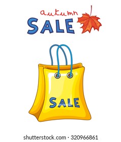 Yellow shopping bag and autumn sale logo with red maple leaf.