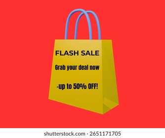 A yellow shopping bag with blue handles announces a "FLASH SALE" offering "up to 50% OFF!"