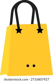 Gelbe Einkaufstasche, Vektorsymbol mit schwarzen Griffen und dekorativen Sternendetails, mit einem verspielten minimalistischen Stil.