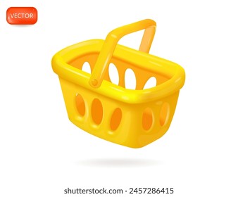 Yellow shopping cart. Food basket. Vector illustration. Realistic 3d design element In plastic cartoon style. Icon isolated on white background