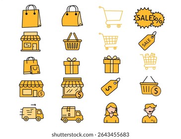Yellow shopping icon, retail and e-commerce concept