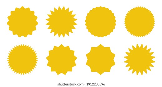 Yellow shopping labels collection. Sale or discount sticker. Special offer price tag. Supermarket promotional badge. Vector sunburst icon.