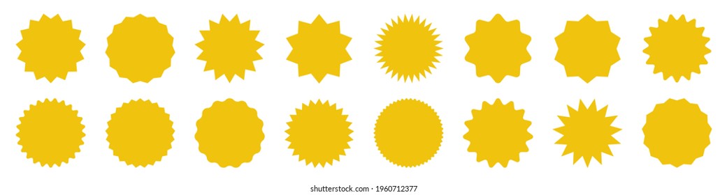 Yellow shopping labels collection. Sale or discount sticker. Special offer price tag. Supermarket promotional badge. Vector sunburst icon.
