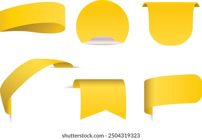 Yellow shopping labels collection. Sale or discount sticker. Special offer price tag. Supermarket promotional badge. Vector sunburst icon, round shape and ribbon or page corner. Web design element.