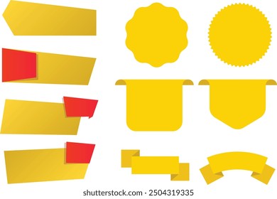 Gelbe Einkaufsetiketten-Kollektion. Verkaufs- oder Rabattaufkleber. Sonderangebot Preisschild. Werbeausweis für Supermärkte. Vektor-Sunburst-Symbol, runde Form und Band- oder Seitenecke. Webdesignelement.