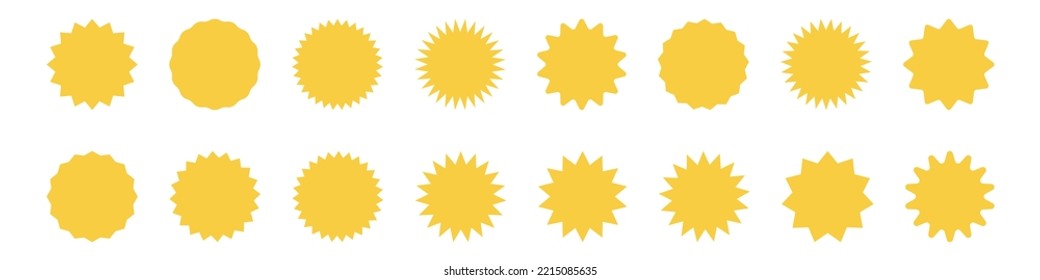 Yellow shopping labels collection. Special offer price tag. Sale or discount sticker. Supermarket promotional badge. Sunburst icons. Stock vector.