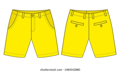 Yellow Short Pants Template Vector On White Background.Front And Back View.