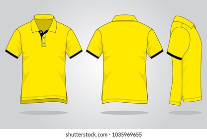 Yellow short sleeve polo shirt with black placket-cuff jumper and long-back, short front design on gray background. Front, back, and side views, vector file.