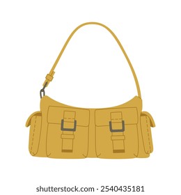 Yellow shoulder bag. Female fashion accessory. Hand drawn vector illustration isolated on white background. Modern flat cartoon style.