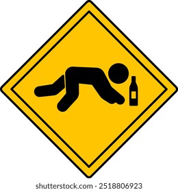 Yellow Sign Attention Drunken People Crossing. Humorous Road Sign, Sticker. Man Lying on the Road with a Bottle of Alcohol. Vector Icon