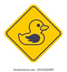 Yellow sign attention duck. Black icon of animal on road sign.