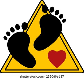 Bebé de signo amarillo en el Tablero. Icono de Vector. Señal de tráfico humorística. Etiqueta engomada del coche. Pies y corazón del bebé