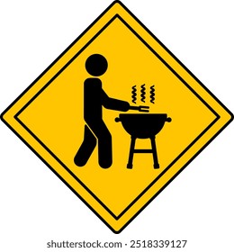 Zona de barbacoa de signo amarillo. Señal de advertencia. Carne A La Parrilla Permitida. Hombre Cocinando Comida. Picnic exterior. Icono de Vector