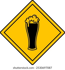 Yellow Sign Beer Zone. Vector Icon. Humorous Road Sign. Funny Sticker. Glass of Foaming Beer