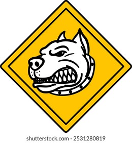 Yellow Sign Beware of Dog. Vector Icon. Humorous Warning Sign, Sticker. Dog Angrily Growls. Animal in the House