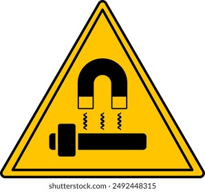 Yellow Sign Block Magnet. Vector Icon. Magnet Attracting Iron Axe. Danger Warning Sign