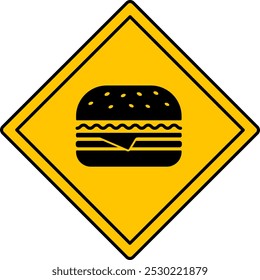 Zona de hamburguesas de signo amarillo. Icono de Vector. Señal de tráfico humorística. Advertencia de comida chatarra, peligro de comer en exceso