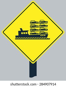 Yellow sign with car ferry  silhouette, for transportation business and marine design