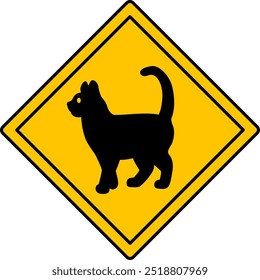 Símbolo Amarelo Cat Crossing. Sinal de Estrada Humorística, Adesivo. Ícone de Vetor