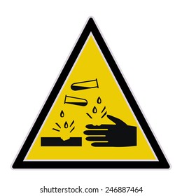 Yellow sign with caustic and corrosive substances warning. Vector illustration.