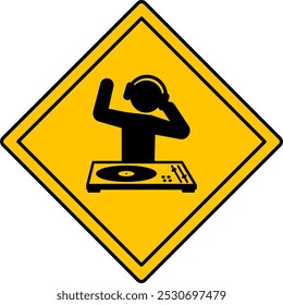 Símbolo Amarelo Caution DJ No Trabalho. Ícone de vetor. Sinal de música humorística. Adesivo Engraçado. DJ com fones de ouvido dançando e tocando no Mixer de DJ