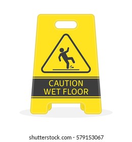 Yellow sign caution wet floor isolated on white background. Plate of Cleaning in progress.  Modern flat design element for web banners, web sites, printed materials or infographics. Vector EPS 10. 