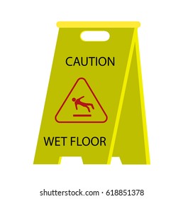 Yellow sign "Caution. Wet floor" used in cleaning offices and other public spaces. Vector illustration
