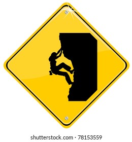 Yellow sign with a climbing woman, vector illustration