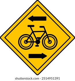 Yellow Sign Contraflow Bicycle Lane Crossing. Warning Road Sign. Bicycle And Arrows. Vector Icon