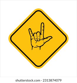 yellow sign custom with hand metal icon, isolated on white background, sign symbol custom. humour sign, Vector illustration