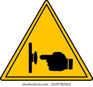 Yellow Sign Emergency Stop Push Button. Vector Icon. Evacuation Sign. Index Finger Pressing the Button. Industrial Safety, Observe the Rules of Work at the Facility. Emergency Situation