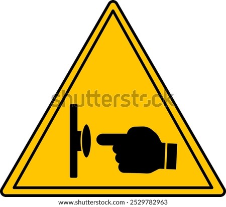 Yellow Sign Emergency Stop Push Button. Vector Icon. Evacuation Sign. Index Finger Pressing the Button. Industrial Safety, Observe the Rules of Work at the Facility. Emergency Situation