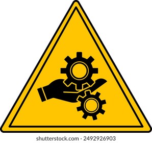 Yellow Sign Entanglement Hazard. Vector Icon. Hand Got Tangled in Rotating Gears. Hand injury. Danger Warning Sign