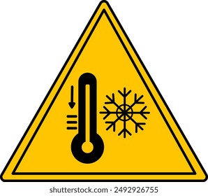 Yellow Sign Extreme Cold. Vector Icon. Thermometer and Snowflake. Danger Warning Sign