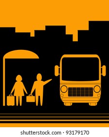 yellow sign with image bus stop and people woman and men