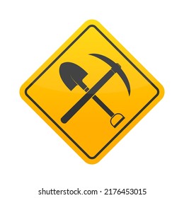 Yellow sign with the image of a shovel and a pickaxe. repair warning. Flat style